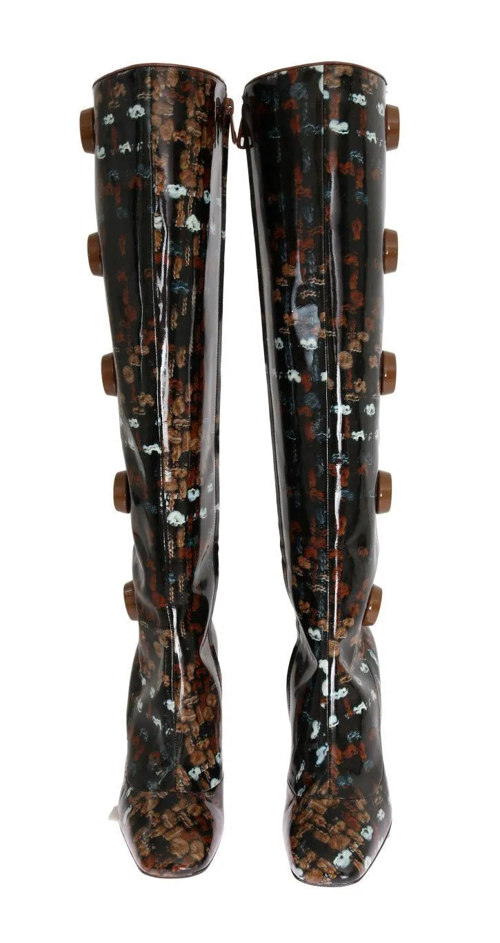 Black Leather Brown Knit Print Boots