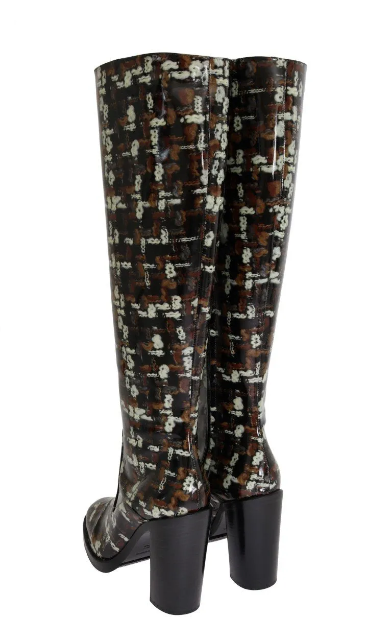 Black Leather Brown Knit Print Boots