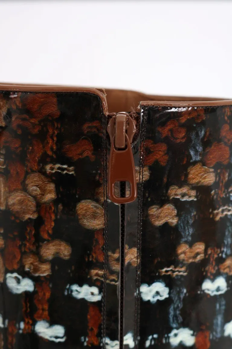 Black Leather Brown Knit Print Boots