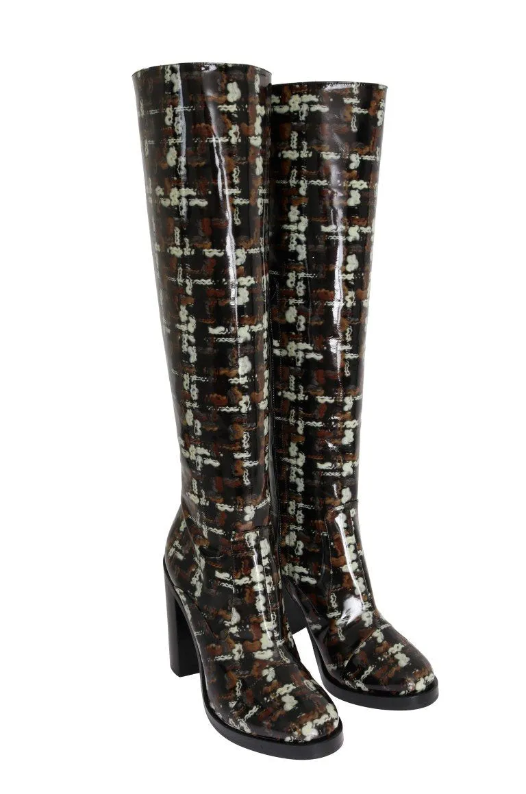 Black Leather Brown Knit Print Boots