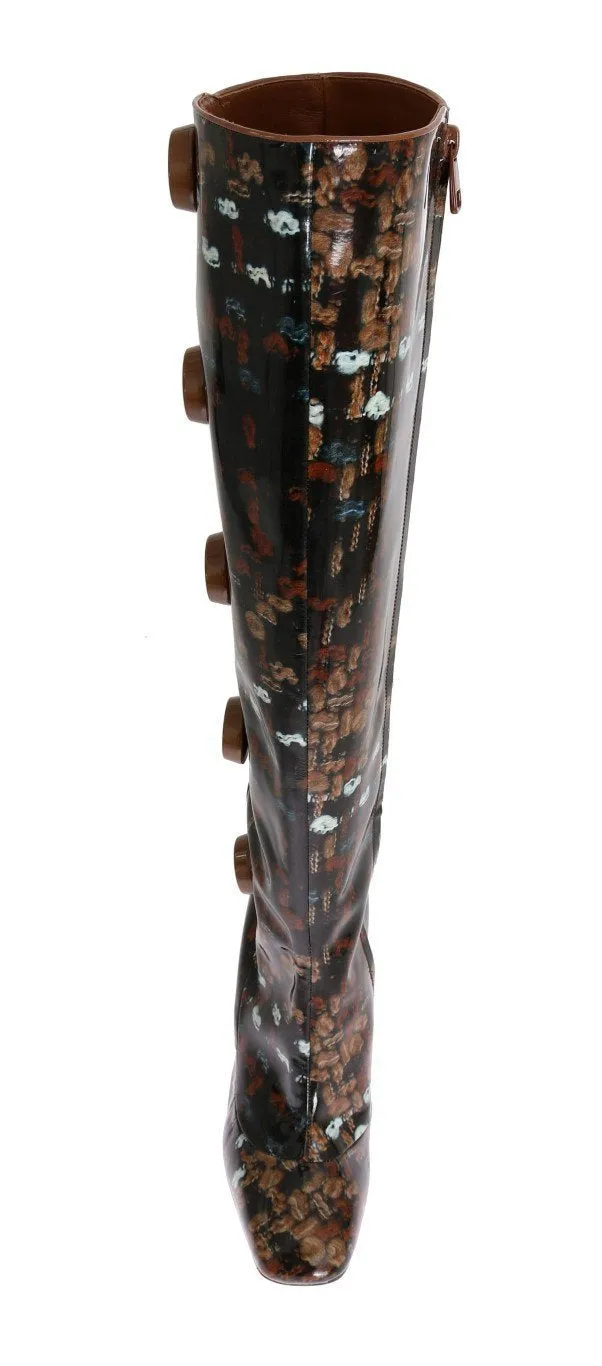Black Leather Brown Knit Print Boots