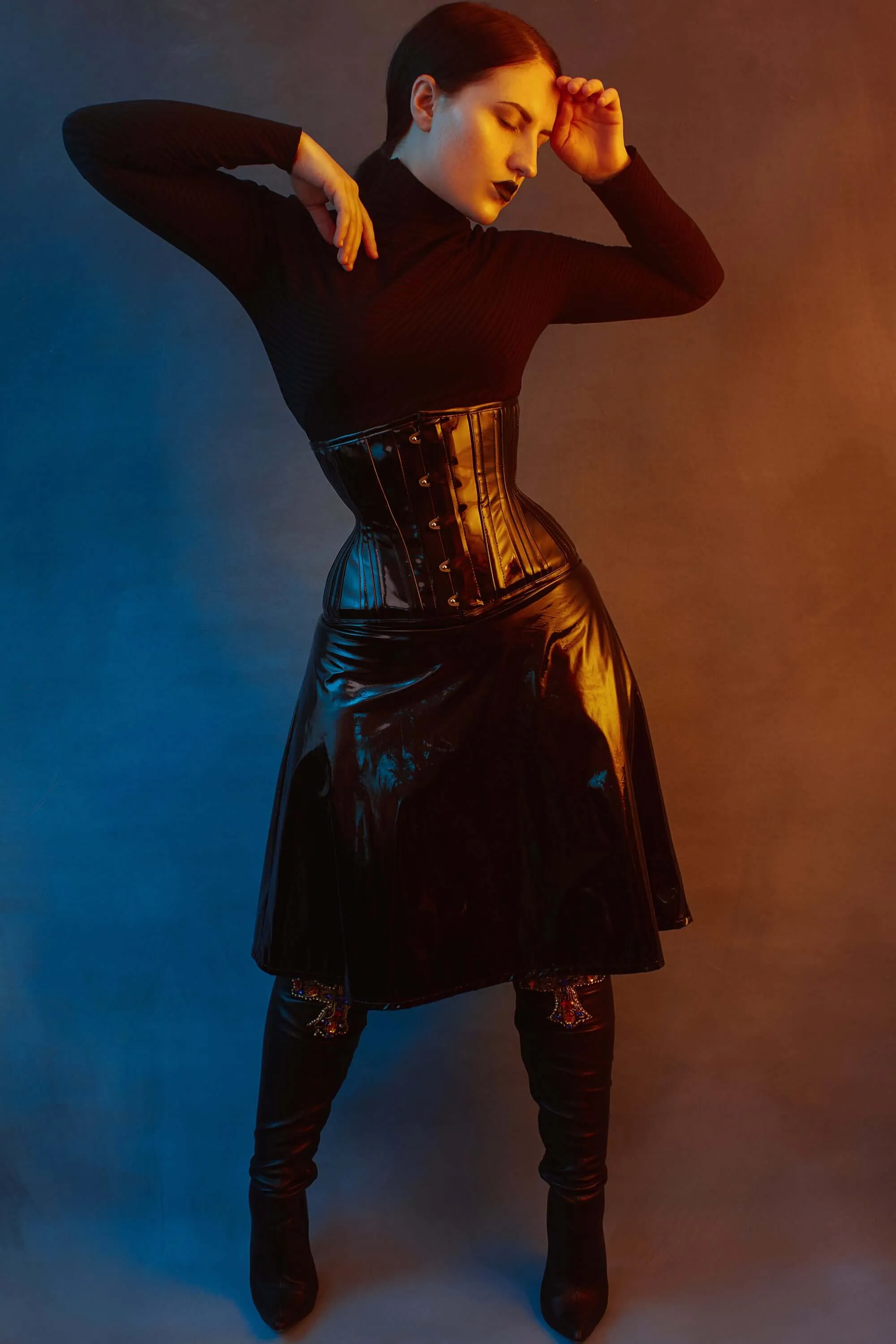 Black PVC Classic Underbust Waist Trainer With Hip Gores