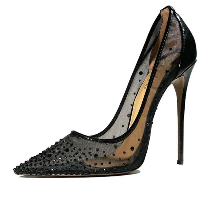 Black see through pointed toe ladies shoes