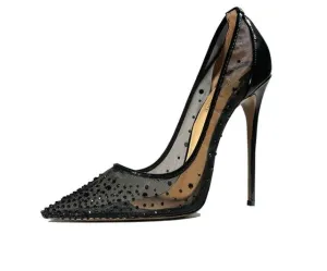 Black see through pointed toe ladies shoes