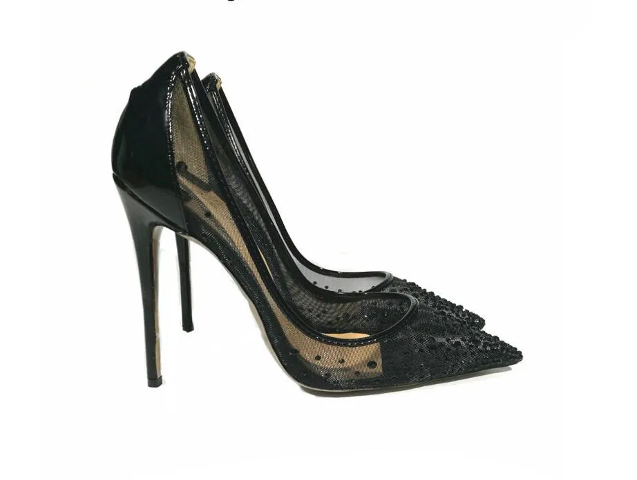Black see through pointed toe ladies shoes