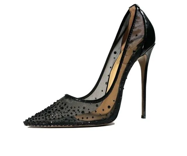Black see through pointed toe ladies shoes
