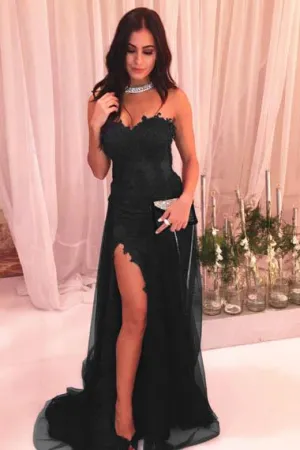 Black Side Slit Strapless Simple Prom Dresses Sweetheart Neck A line Evening Dress