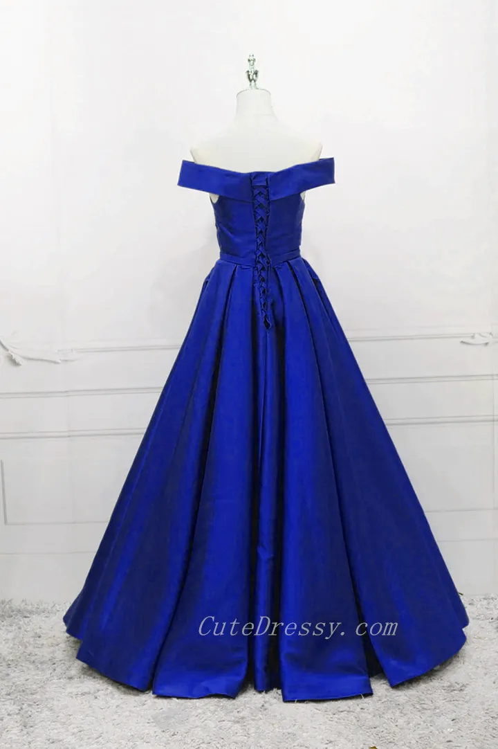 Blue Satin Off Shoulder Simple A-line Prom Dress, Blue Evening Formal Dresses