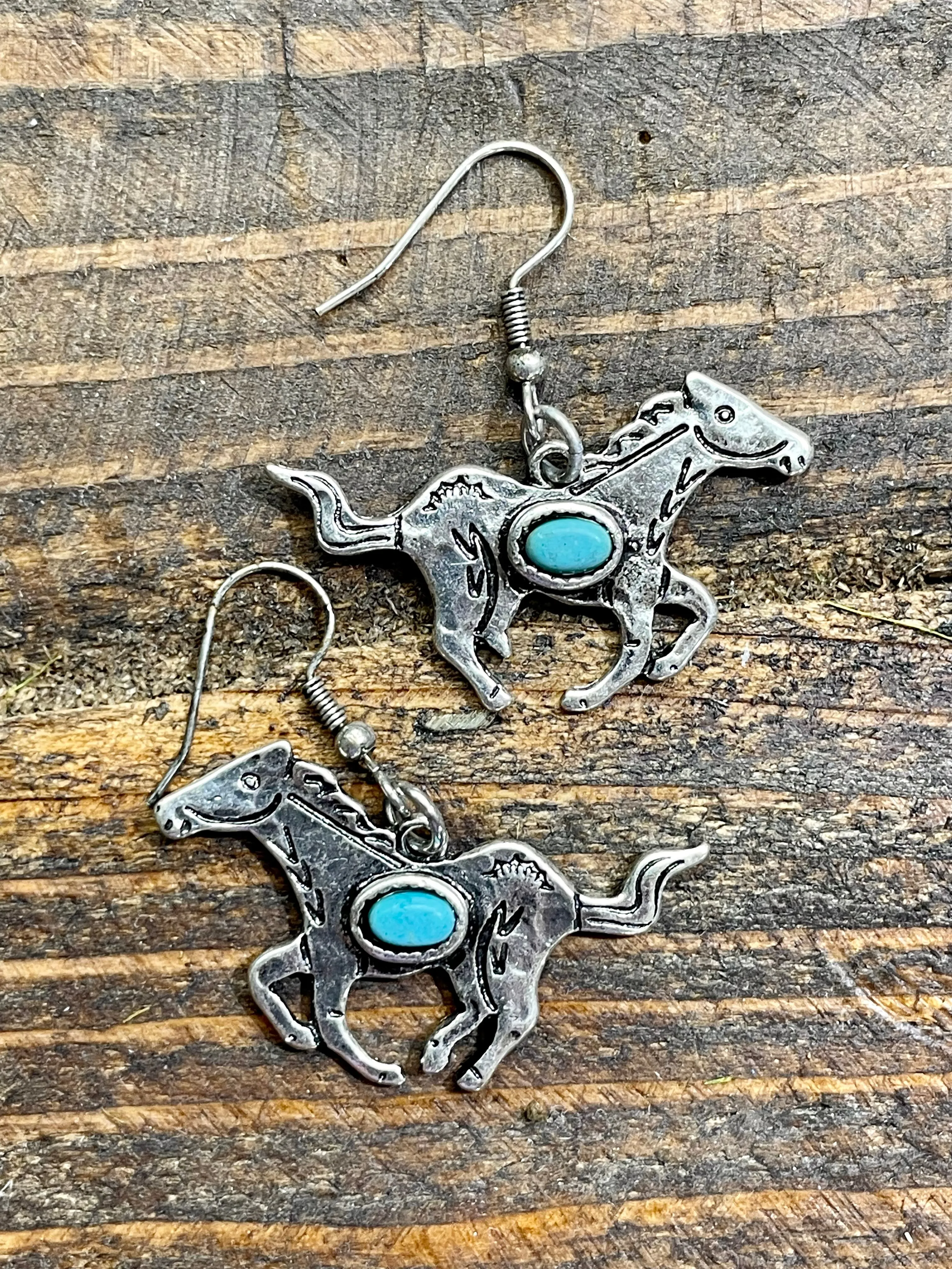 Brabanter Fashion Silver Running Horse Fish Hook Earrings - Turquoise