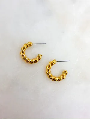 Brass Spiraled Rope Huggie Hoops in Gold