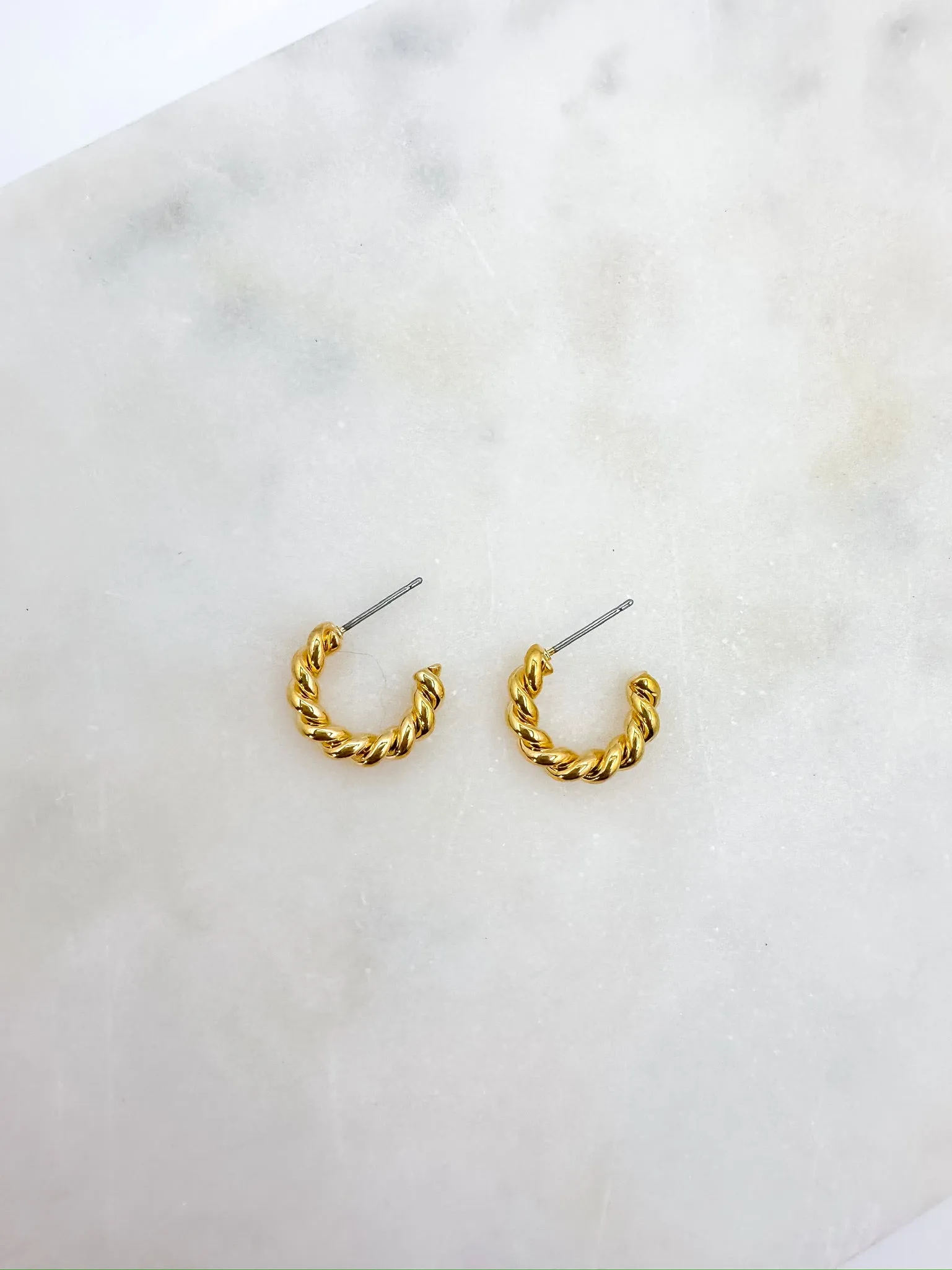 Brass Spiraled Rope Huggie Hoops in Gold