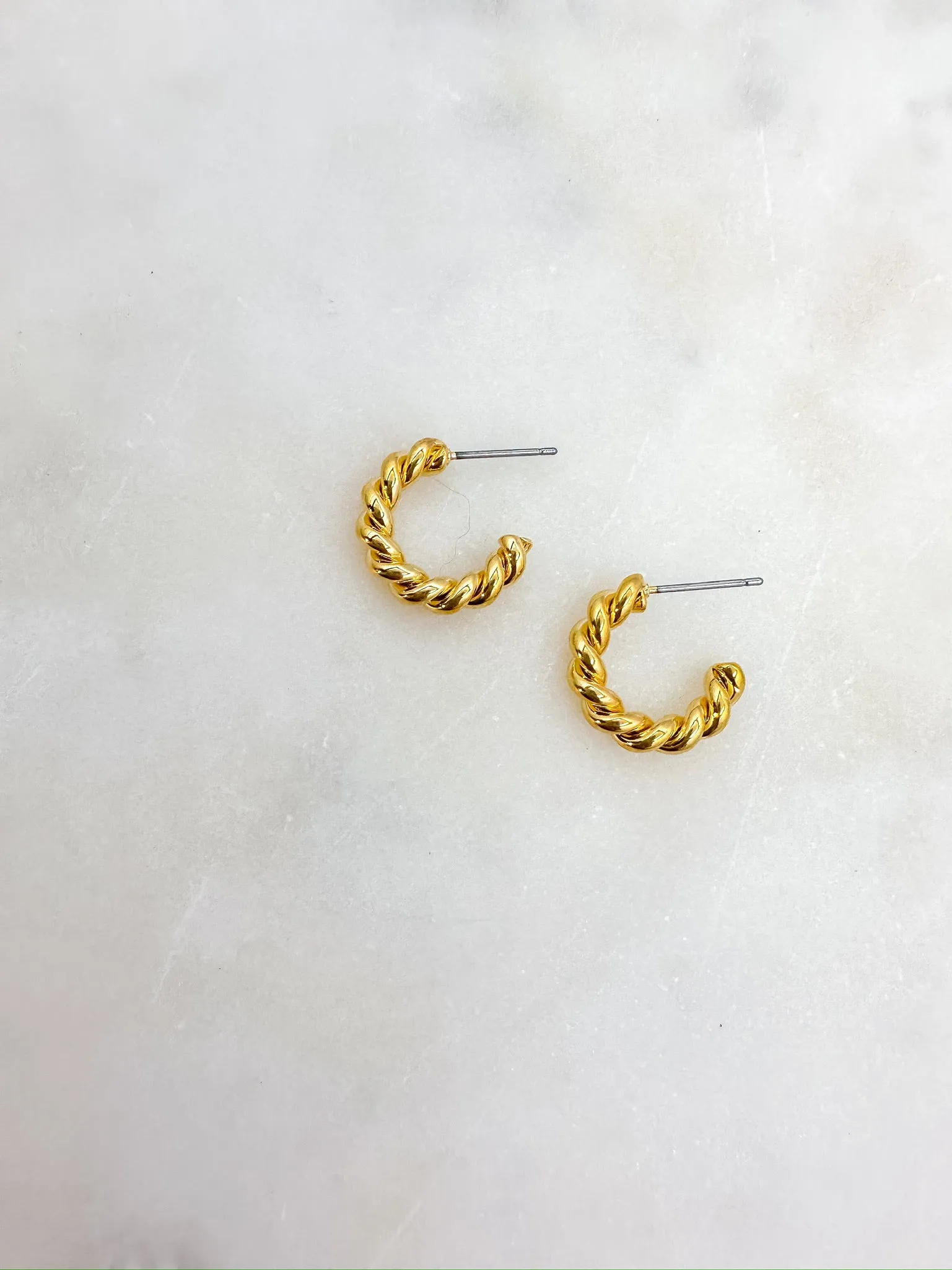 Brass Spiraled Rope Huggie Hoops in Gold