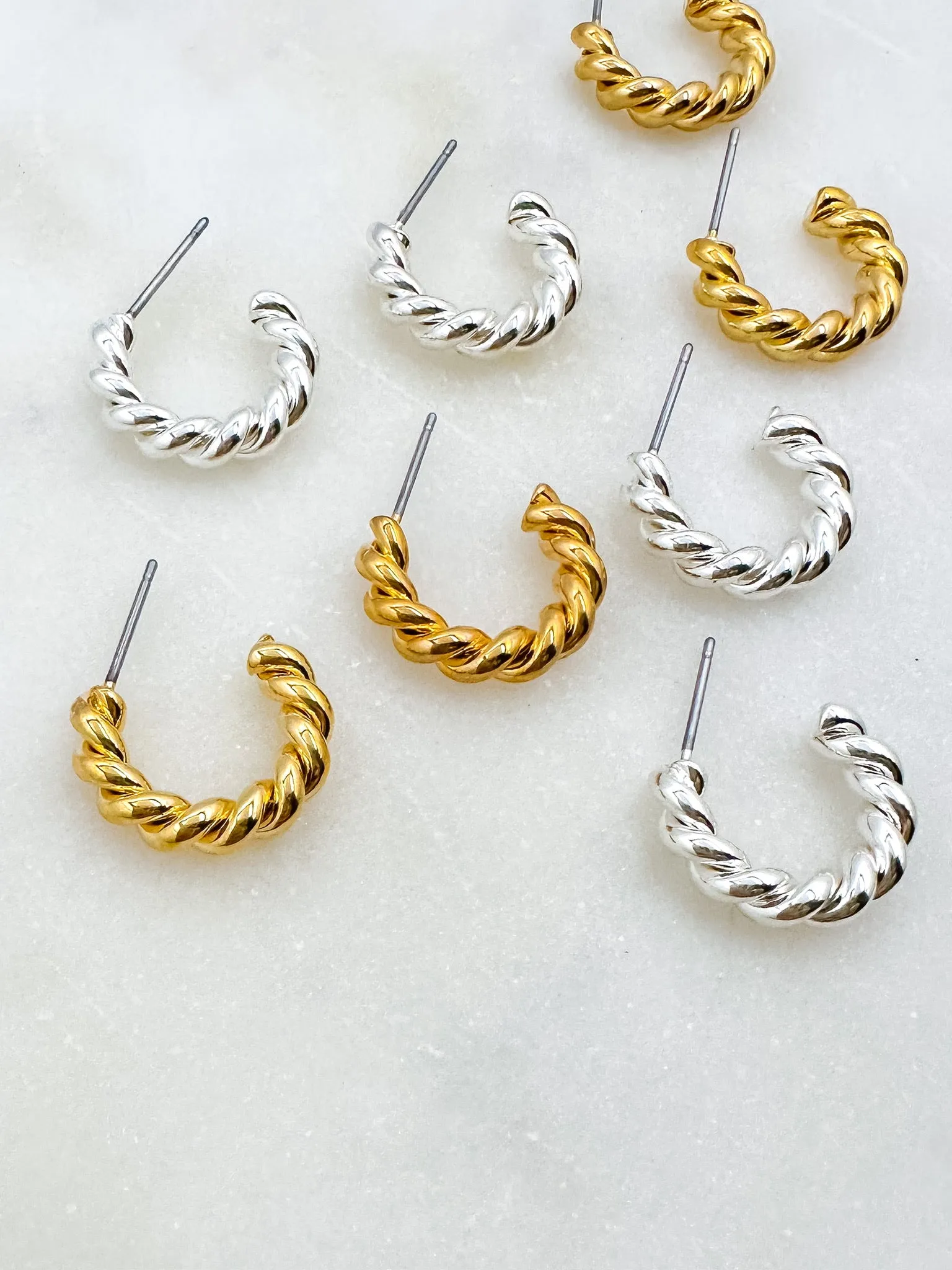 Brass Spiraled Rope Huggie Hoops in Gold