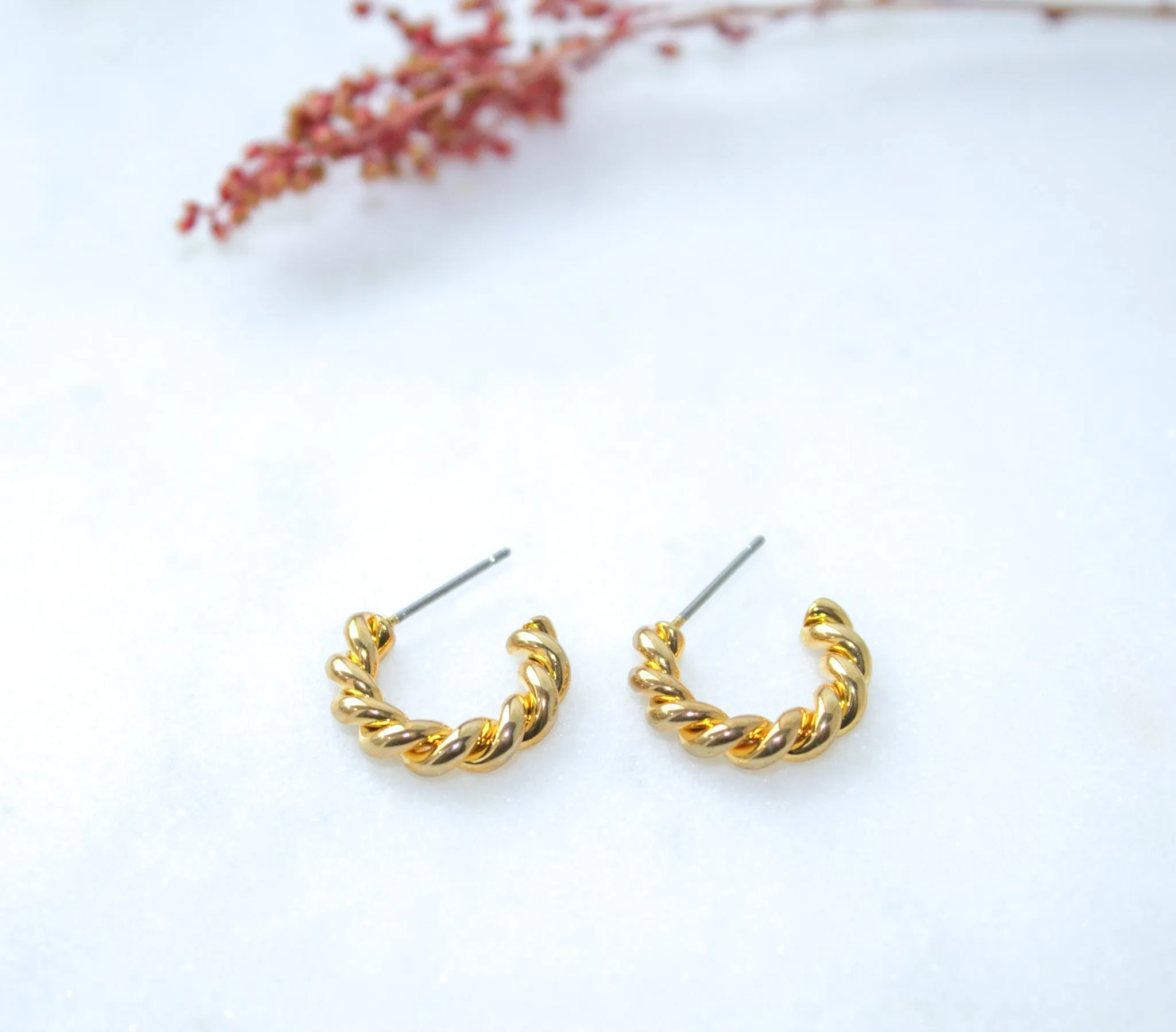 Brass Spiraled Rope Huggie Hoops in Gold