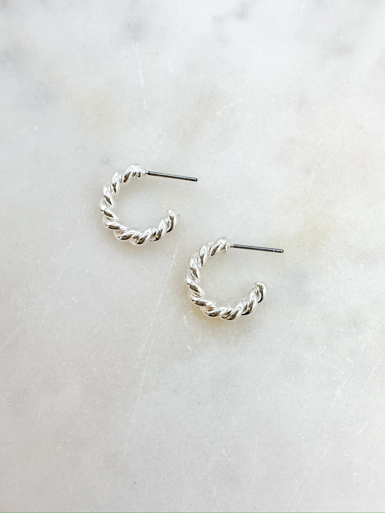 Brass Spiraled Rope Huggie Hoops in Silver