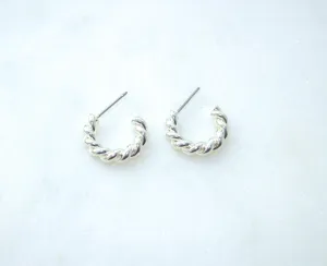 Brass Spiraled Rope Huggie Hoops in Silver