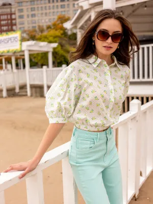Camla Barcelona White Floral Puffed  Sleeves Printed Shirt