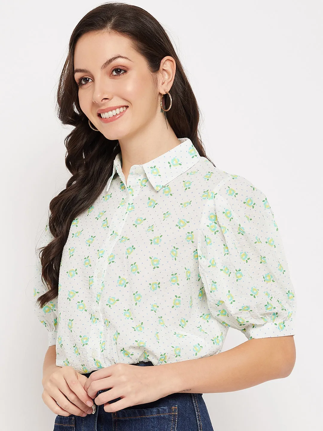 Camla Barcelona White Floral Puffed  Sleeves Printed Shirt