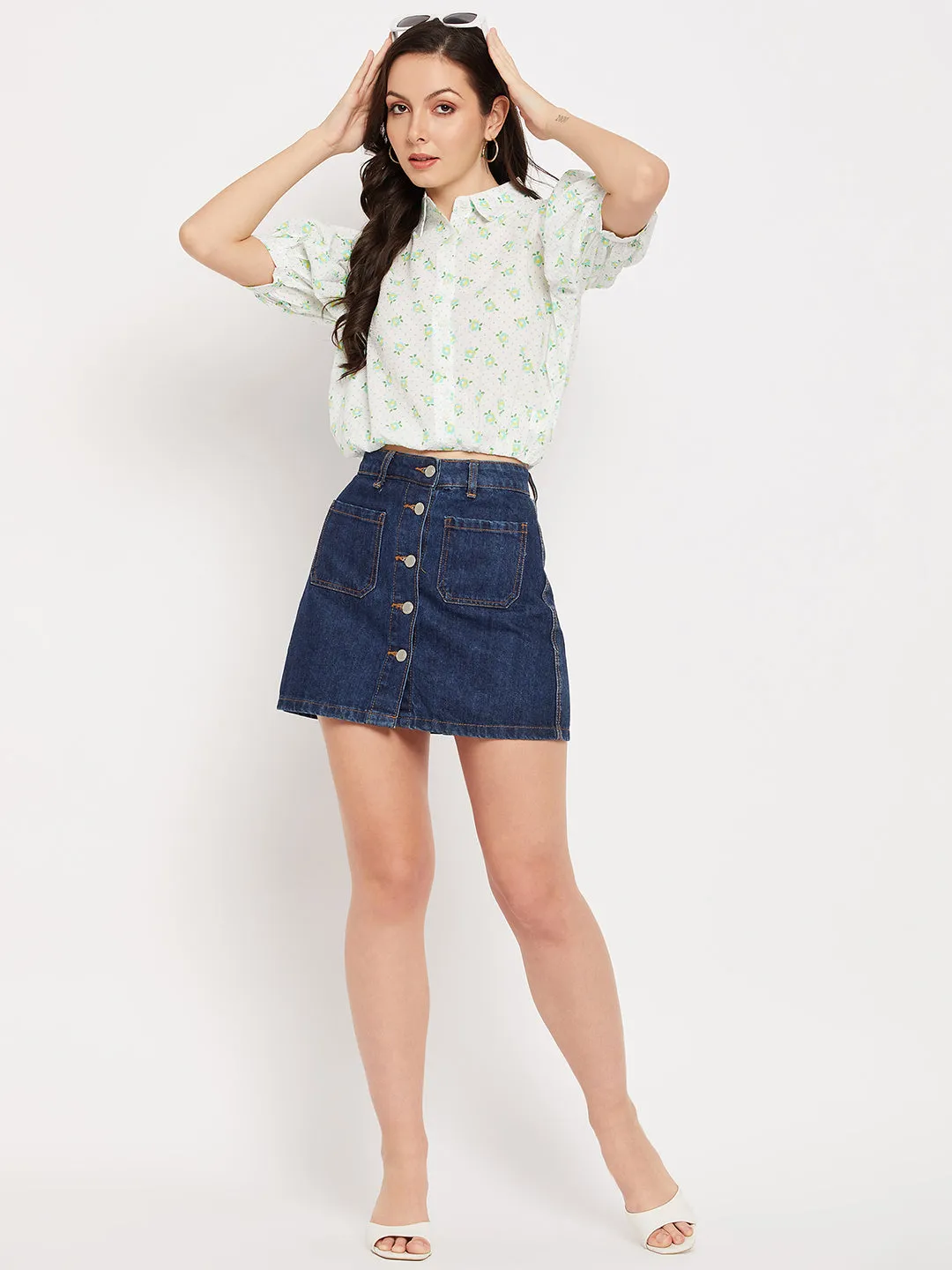 Camla Barcelona White Floral Puffed  Sleeves Printed Shirt