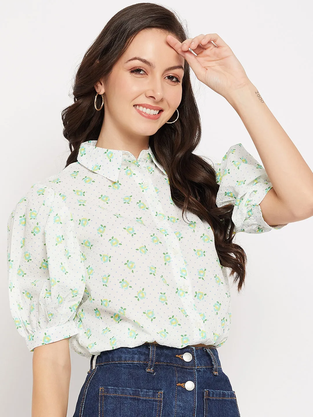 Camla Barcelona White Floral Puffed  Sleeves Printed Shirt