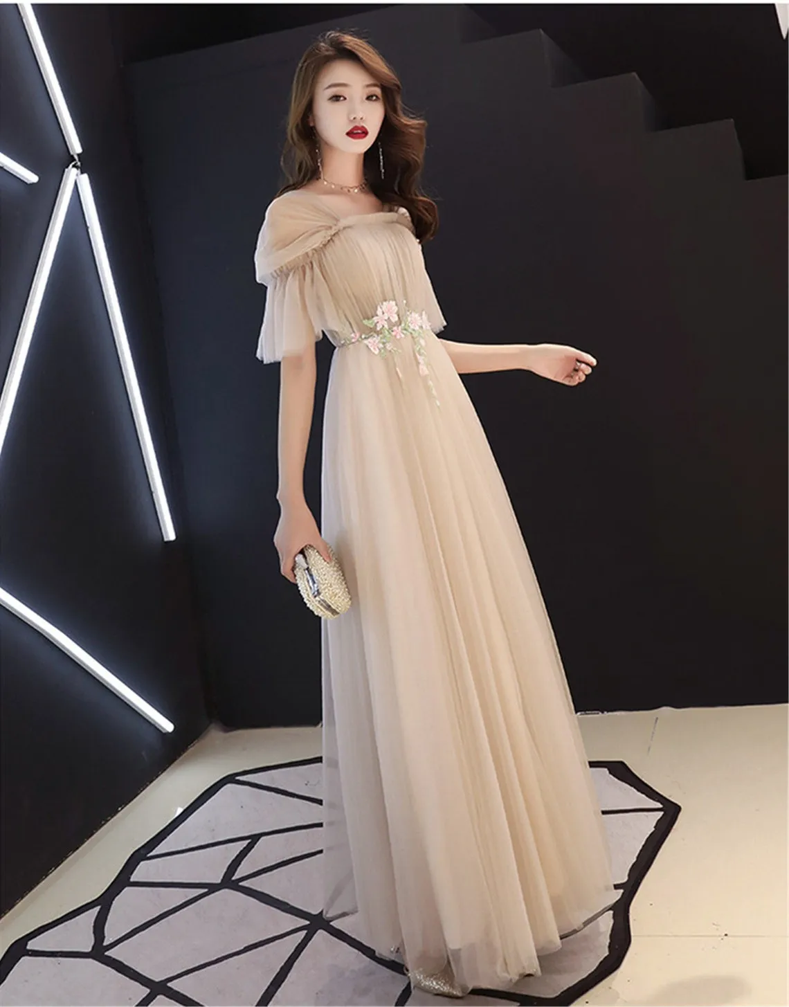 Champagne Tulle A-line Off Shoulder Formal Dress with Flowers, Simple Prom Dresses Party Dress