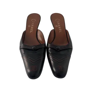 Chanel Black Leather Embroidered Logo Heels