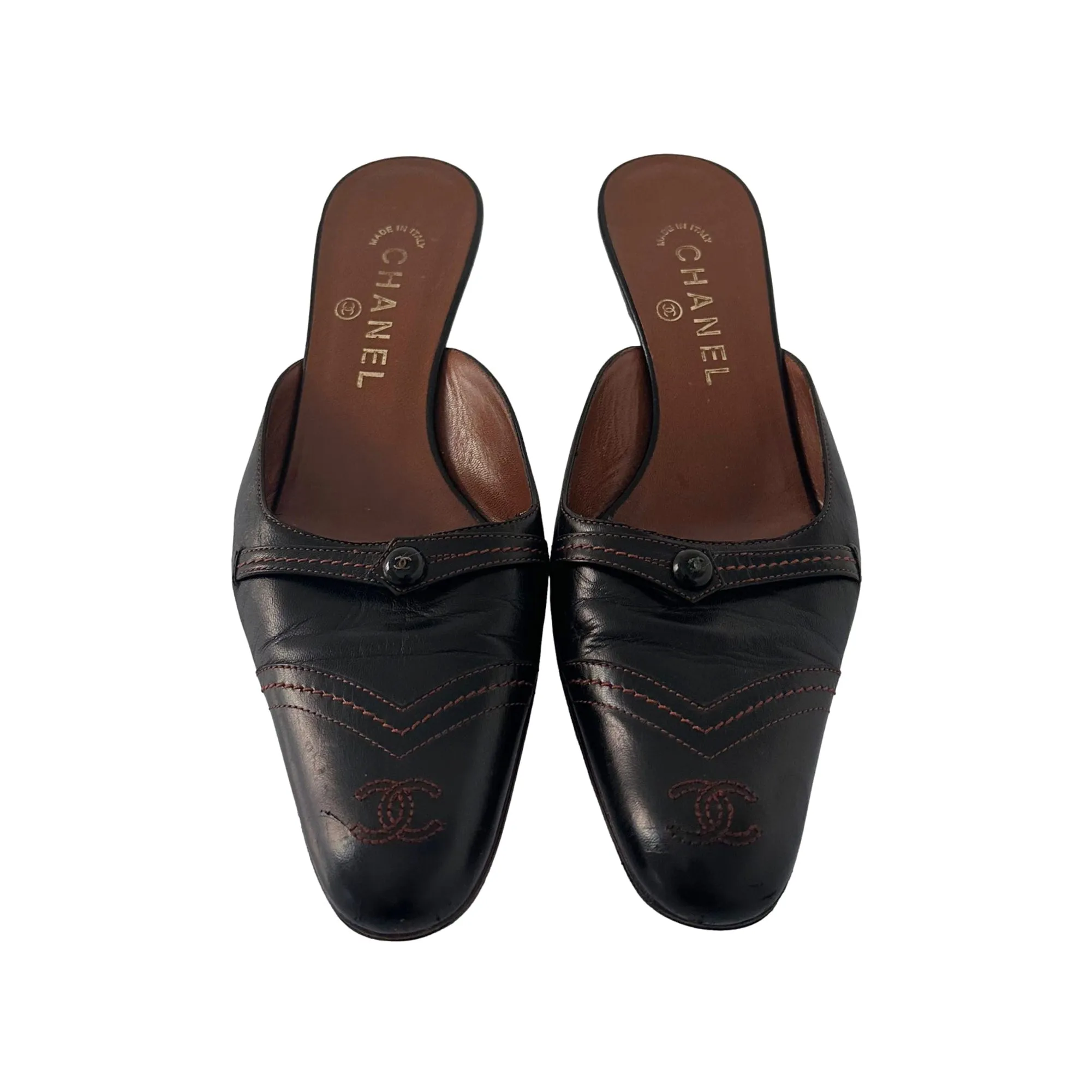 Chanel Black Leather Embroidered Logo Heels
