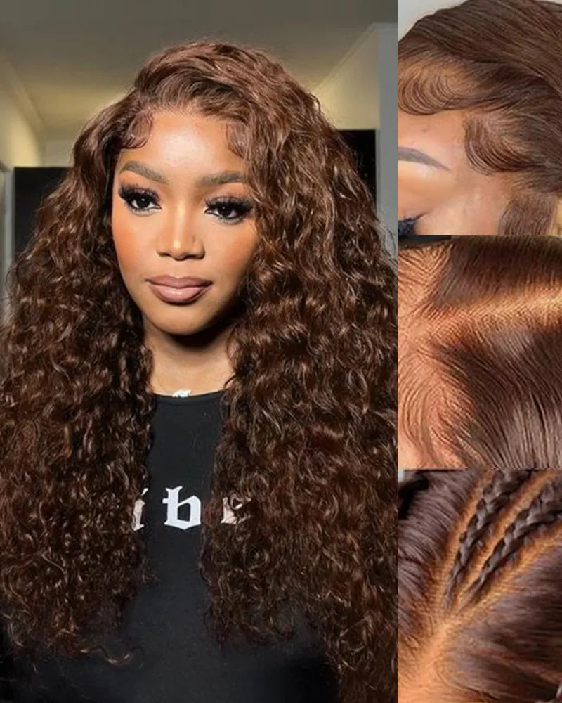 Chestnut Brown Color Water Wave Curly 13x4/6x5 Lace Human Hair Wig Free Parting