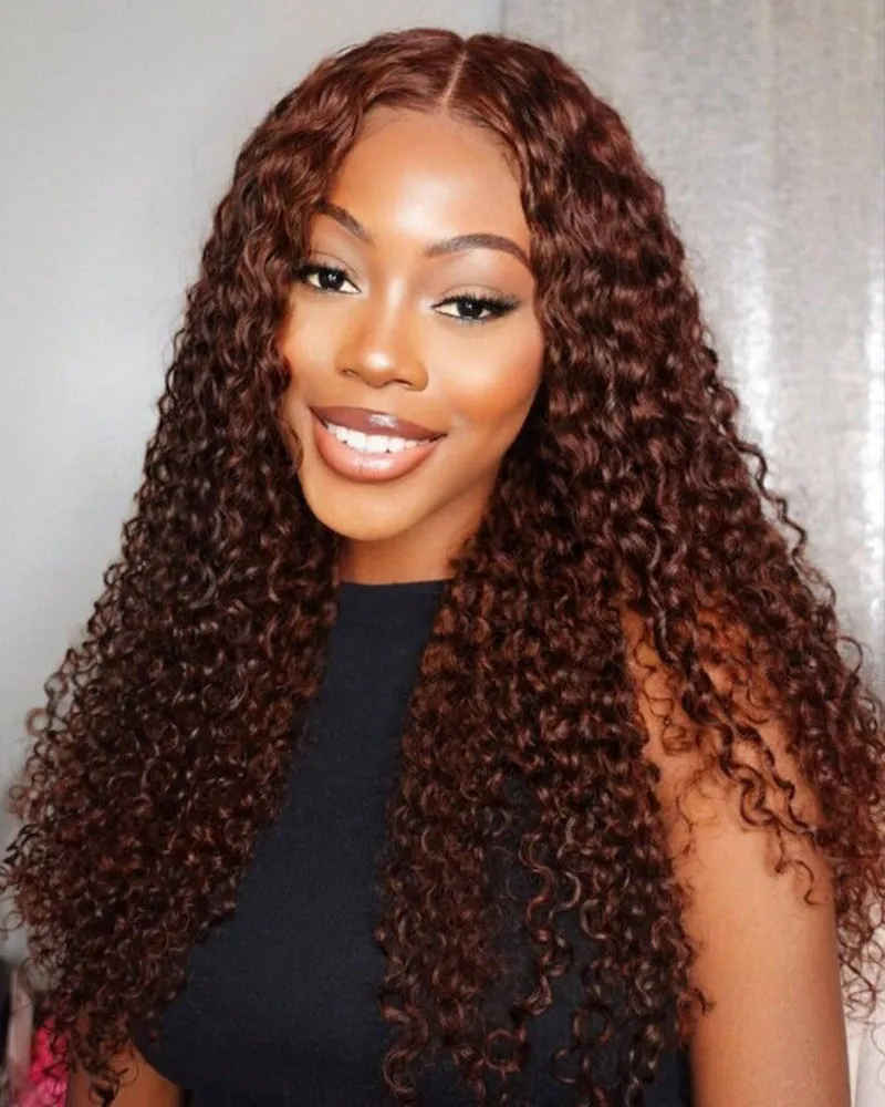 Chestnut Brown Color Water Wave Curly 13x4/6x5 Lace Human Hair Wig Free Parting