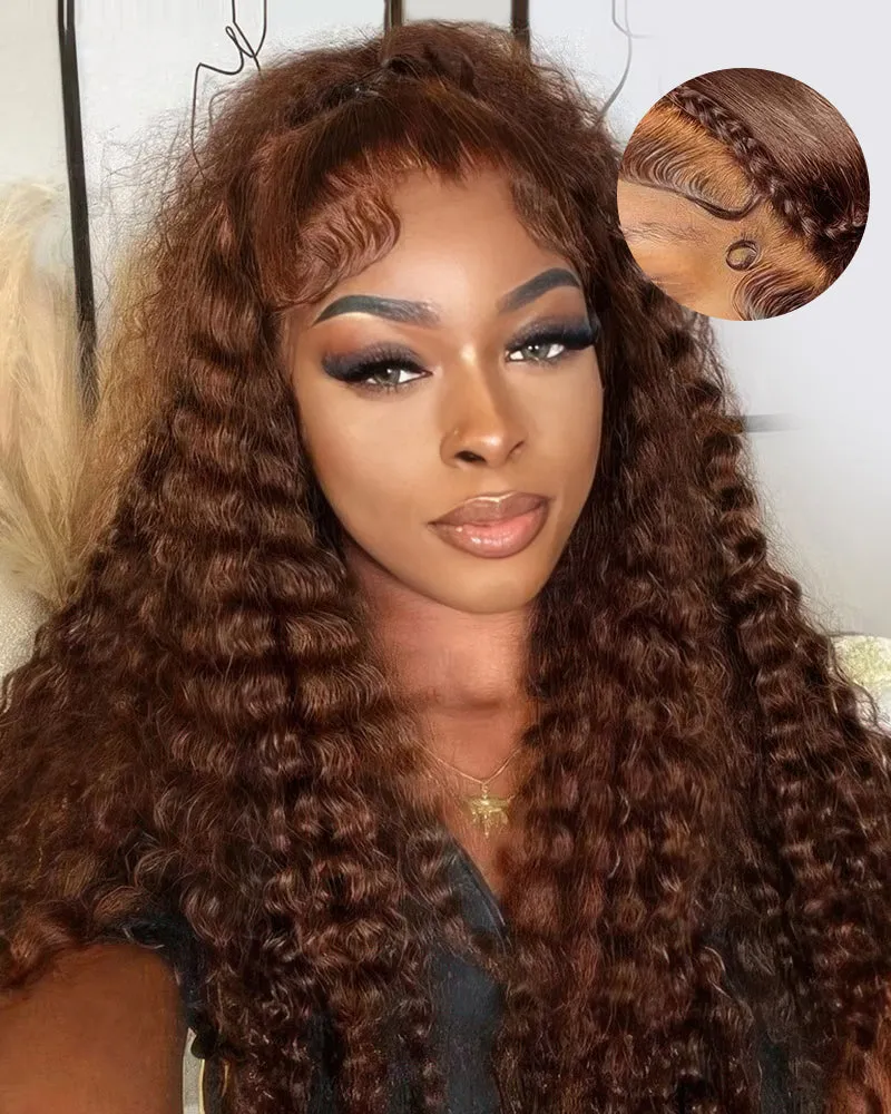 Chestnut Brown Color Water Wave Curly 13x4/6x5 Lace Human Hair Wig Free Parting