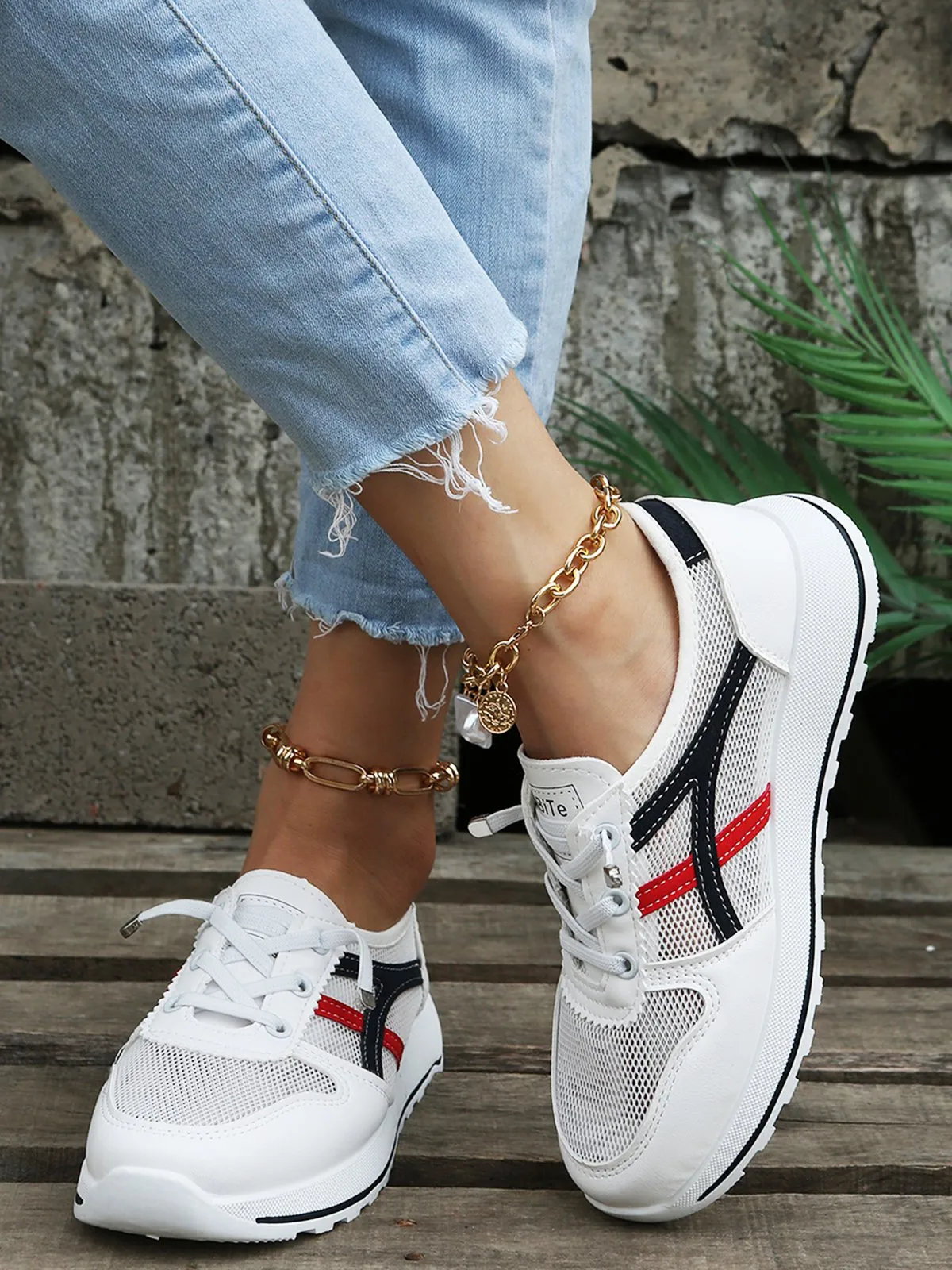 Color Block Sports All Season Non-Slip Sports & Outdoor Flat Heel PU Tennis Shoes EVA Sneakers