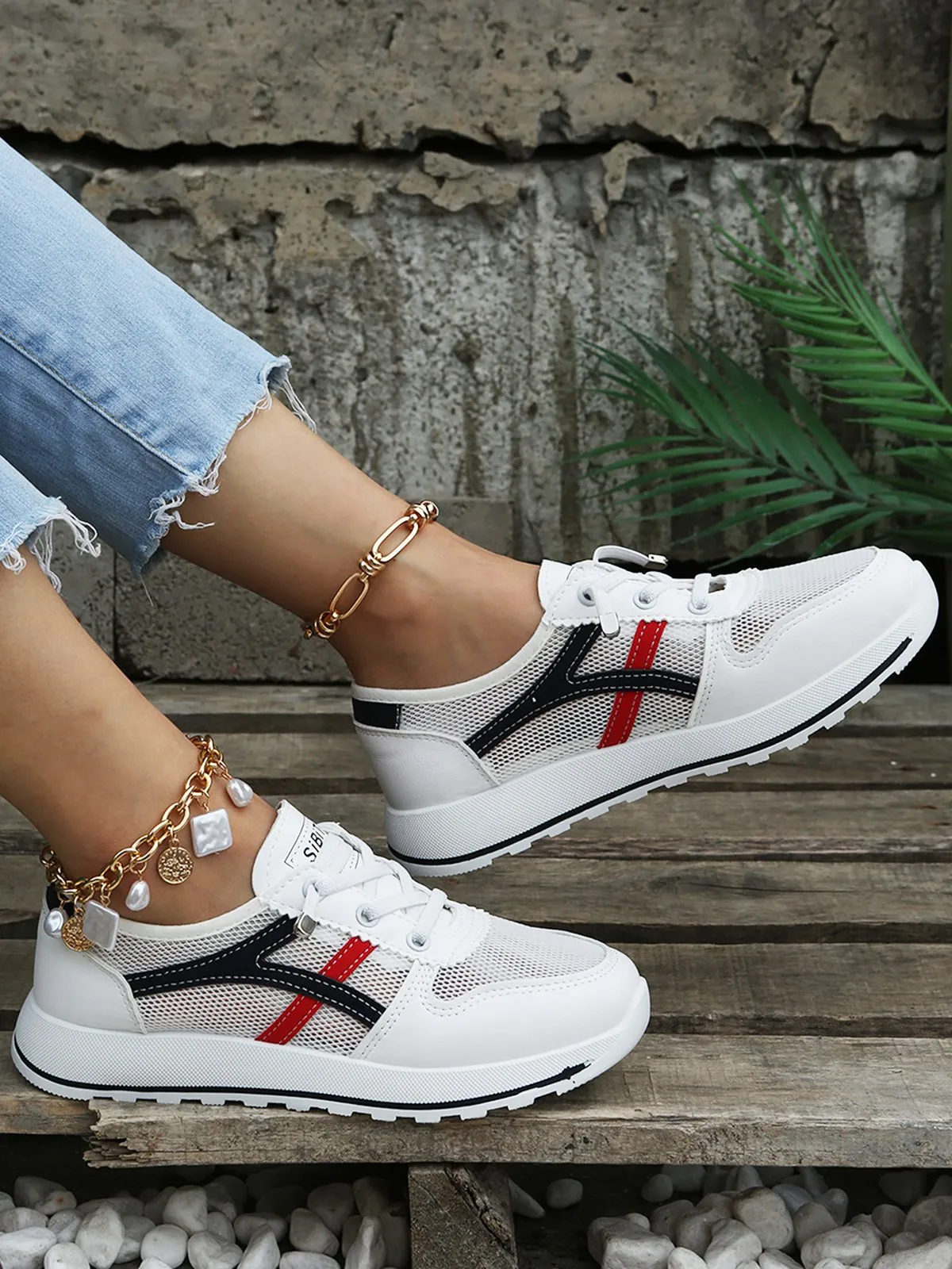 Color Block Sports All Season Non-Slip Sports & Outdoor Flat Heel PU Tennis Shoes EVA Sneakers