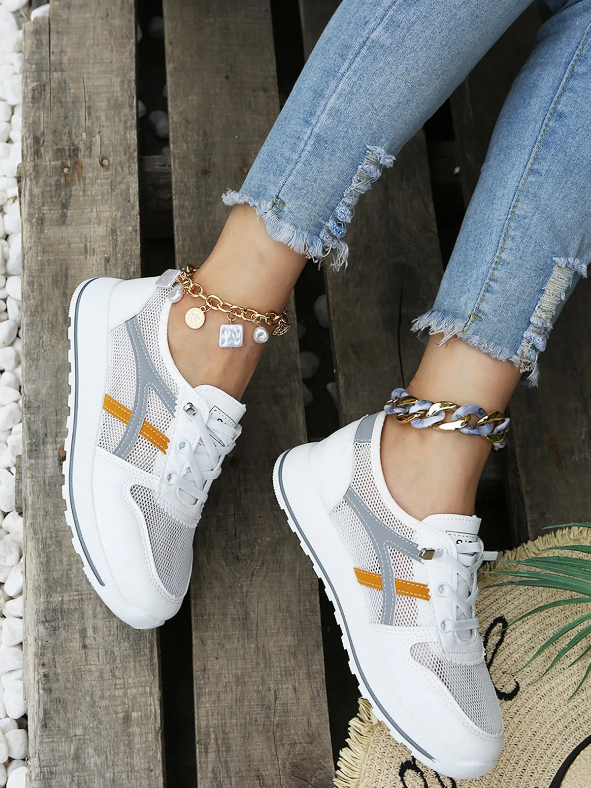 Color Block Sports All Season Non-Slip Sports & Outdoor Flat Heel PU Tennis Shoes EVA Sneakers