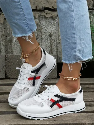 Color Block Sports All Season Non-Slip Sports & Outdoor Flat Heel PU Tennis Shoes EVA Sneakers