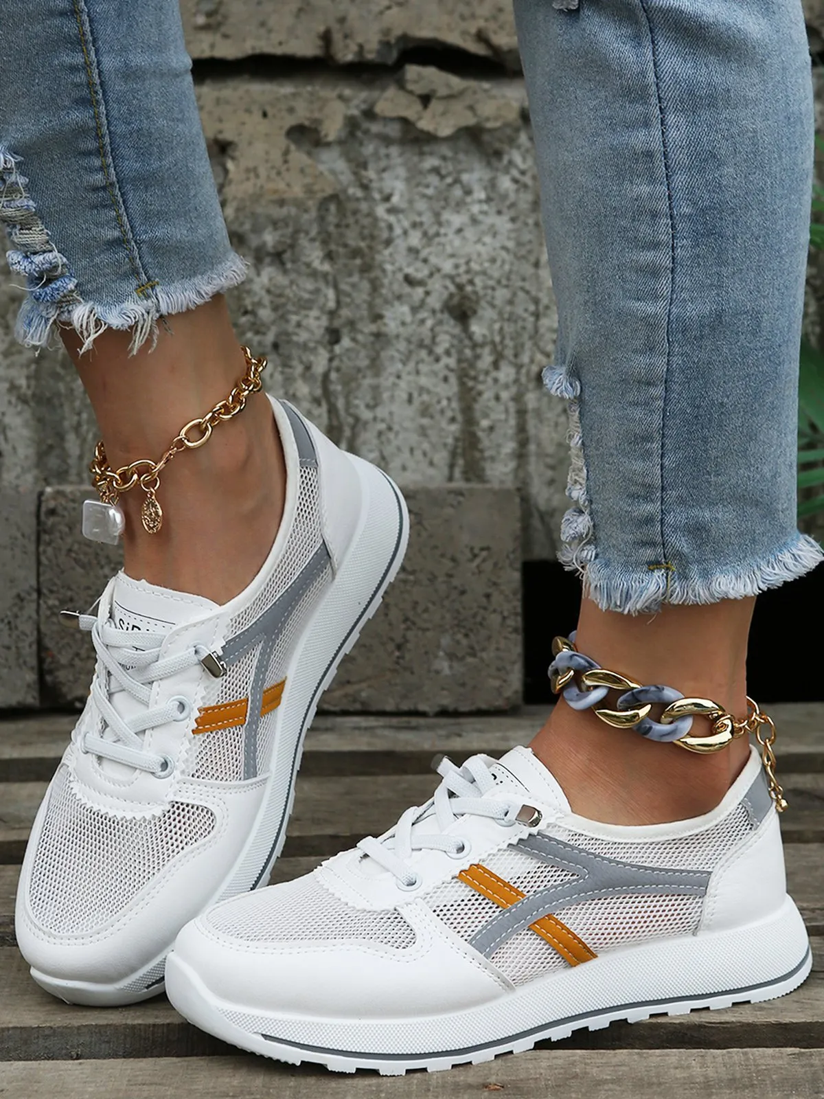 Color Block Sports All Season Non-Slip Sports & Outdoor Flat Heel PU Tennis Shoes EVA Sneakers