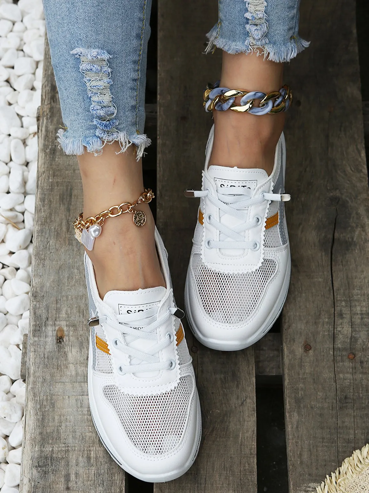Color Block Sports All Season Non-Slip Sports & Outdoor Flat Heel PU Tennis Shoes EVA Sneakers
