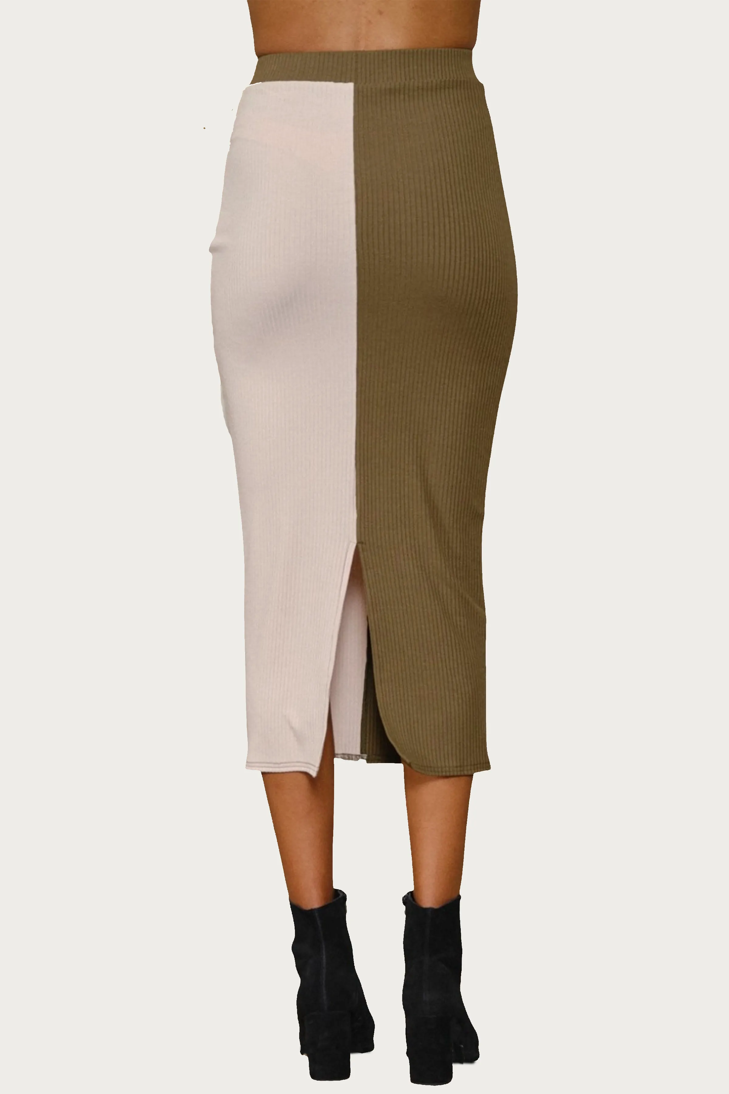 COLORBLOCKED RIBBED-KNIT MIDI SKIRT