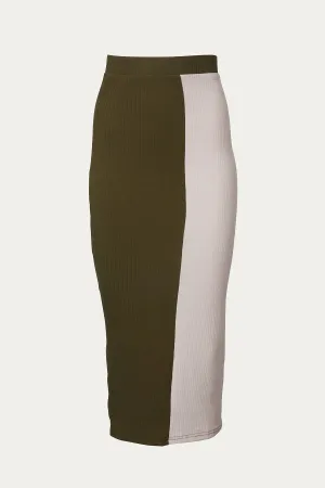 COLORBLOCKED RIBBED-KNIT MIDI SKIRT