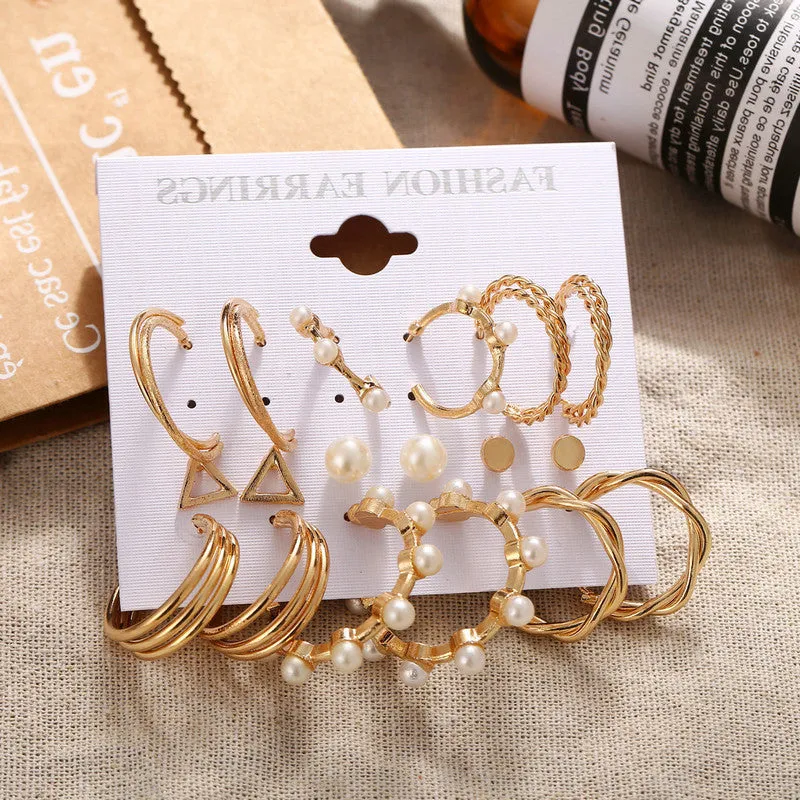Combo 9 Pairs Gold Plated Pearl Studs And Hoop Earrings