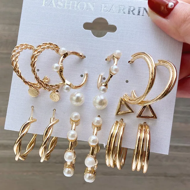 Combo 9 Pairs Gold Plated Pearl Studs And Hoop Earrings