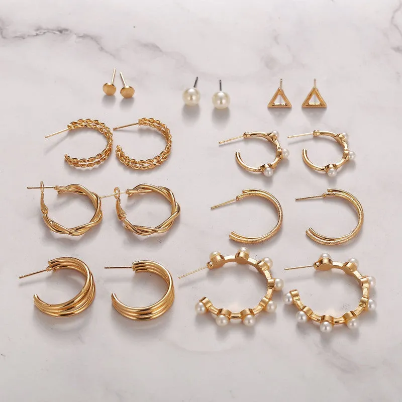 Combo 9 Pairs Gold Plated Pearl Studs And Hoop Earrings