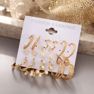 Combo 9 Pairs Gold Plated Pearl Studs And Hoop Earrings