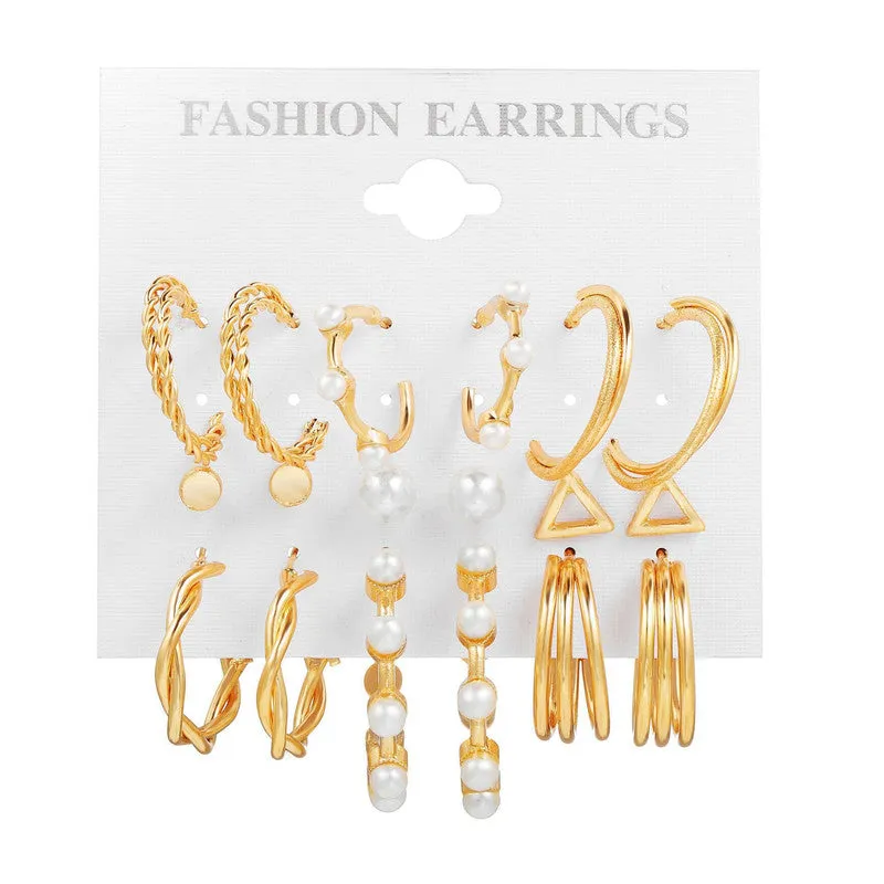 Combo 9 Pairs Gold Plated Pearl Studs And Hoop Earrings