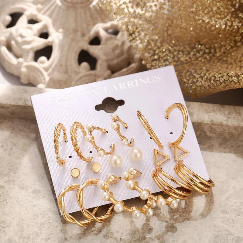 Combo 9 Pairs Gold Plated Pearl Studs And Hoop Earrings