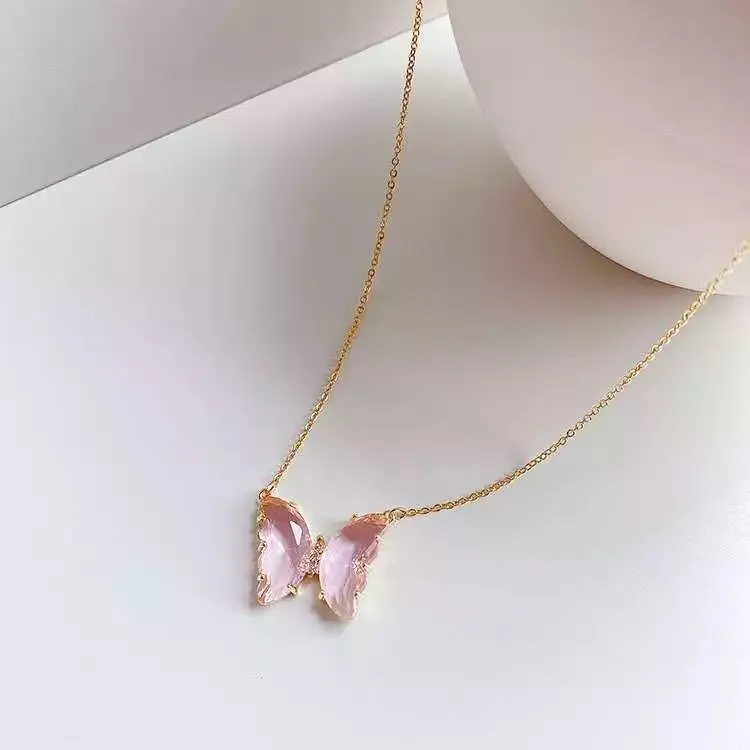 Combo Of 2 Green Pink Crystal Butterfly Pendant