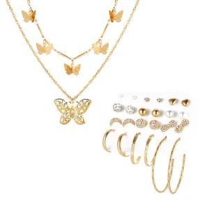 Combo Of Layered Butterfly Pendant With Earring Set