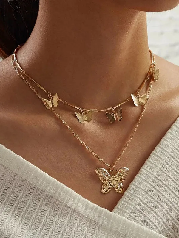 Combo Of Layered Butterfly Pendant With Earring Set