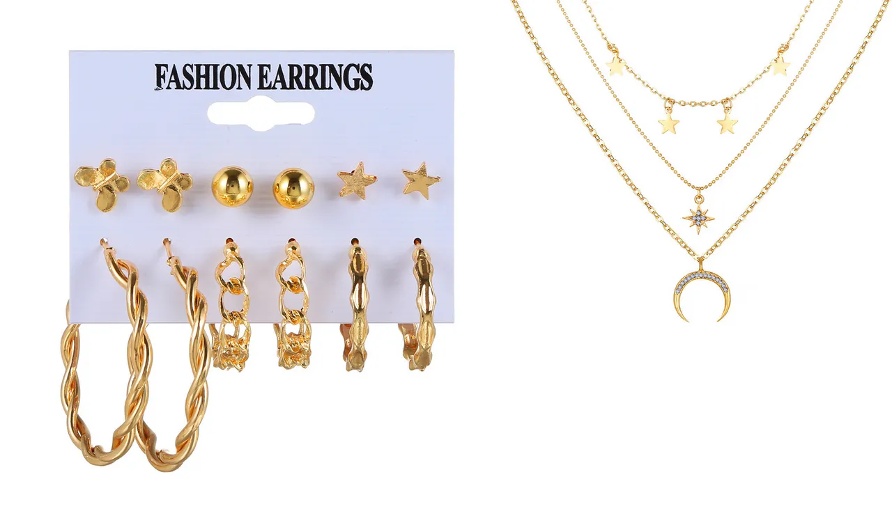 Combo Of Studded Star Moon Pendant With Earring Set