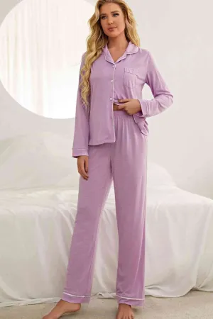 Contrast Piping Button Down Top and Pants Loungewear Set (2 Colors)