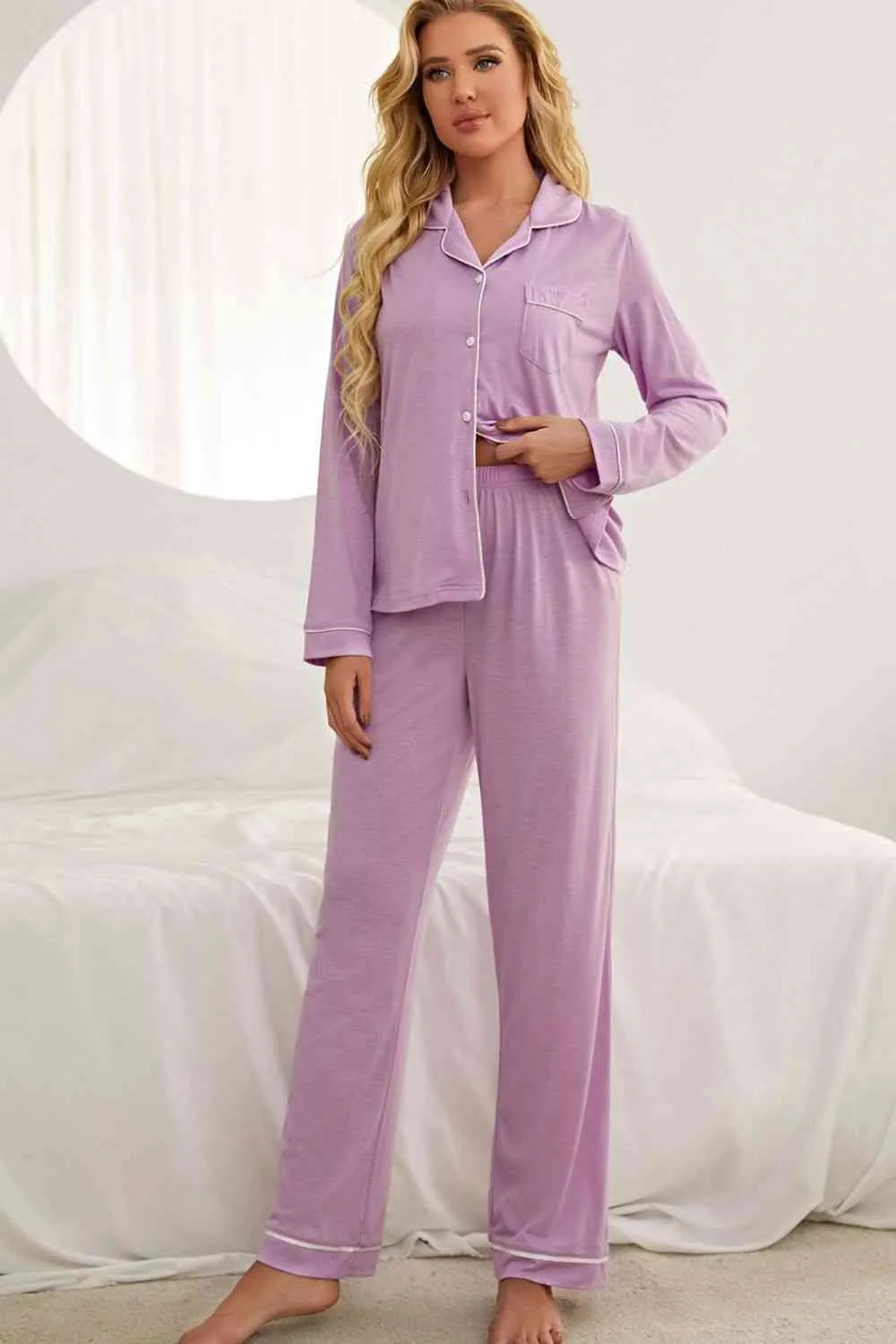 Contrast Piping Button Down Top and Pants Loungewear Set (2 Colors)